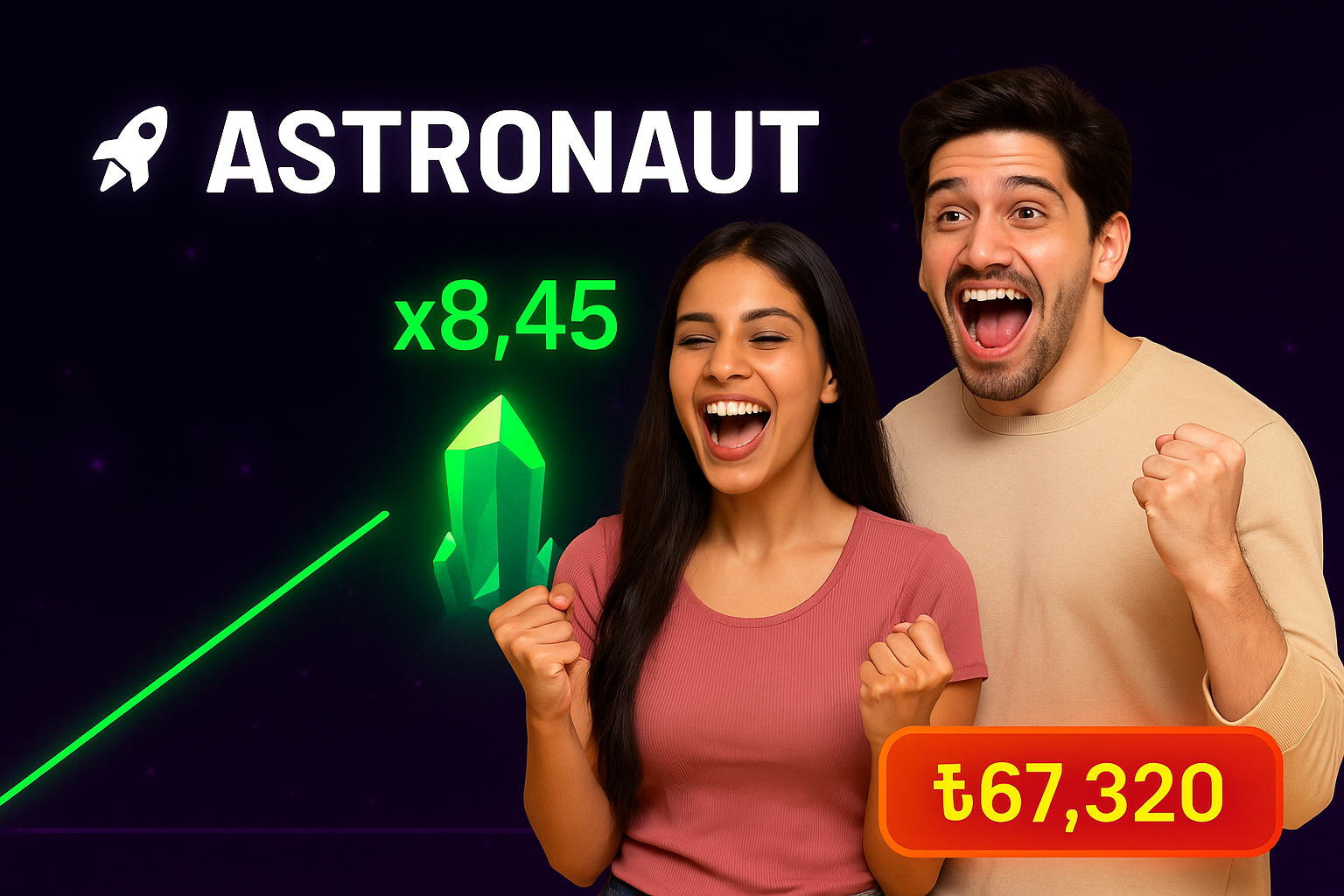 Excited couple celebrating Astronaut casino game win of ₹67,320 with 8.45x multiplier and green crystal
