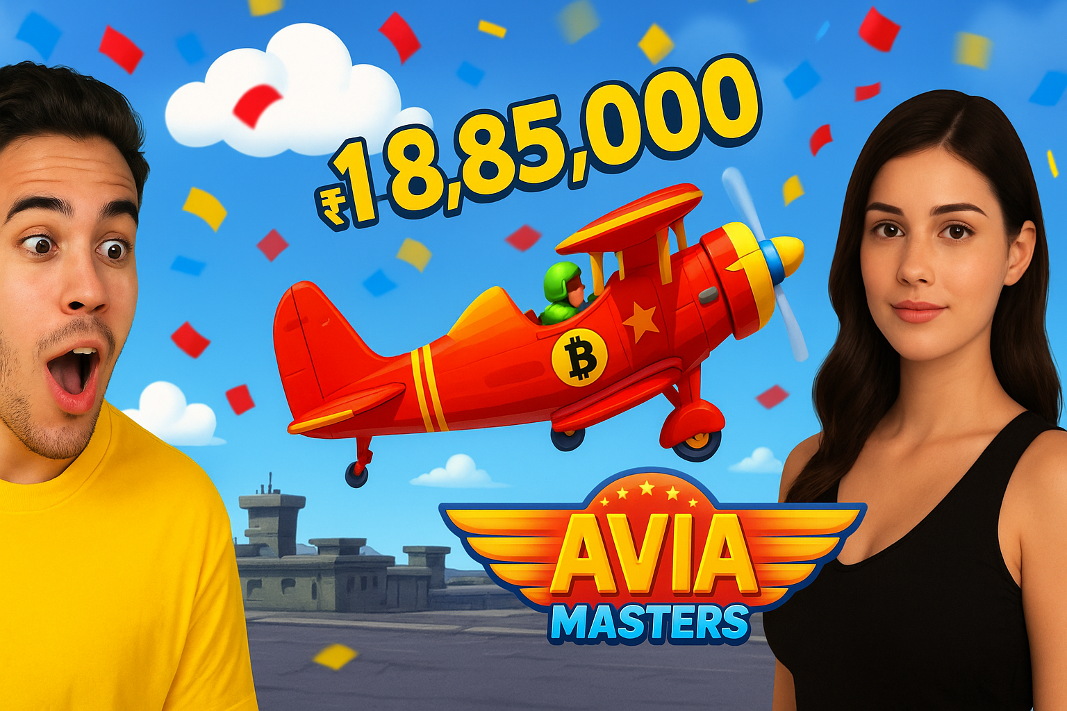 Excited man and woman with AviaMasters game showing ₹18,85,000 win and red vintage airplane