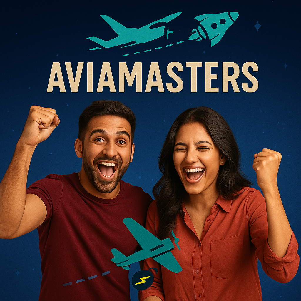 Enthusiastic couple celebrating AviaMasters game with turquoise airplane and rocket symbols