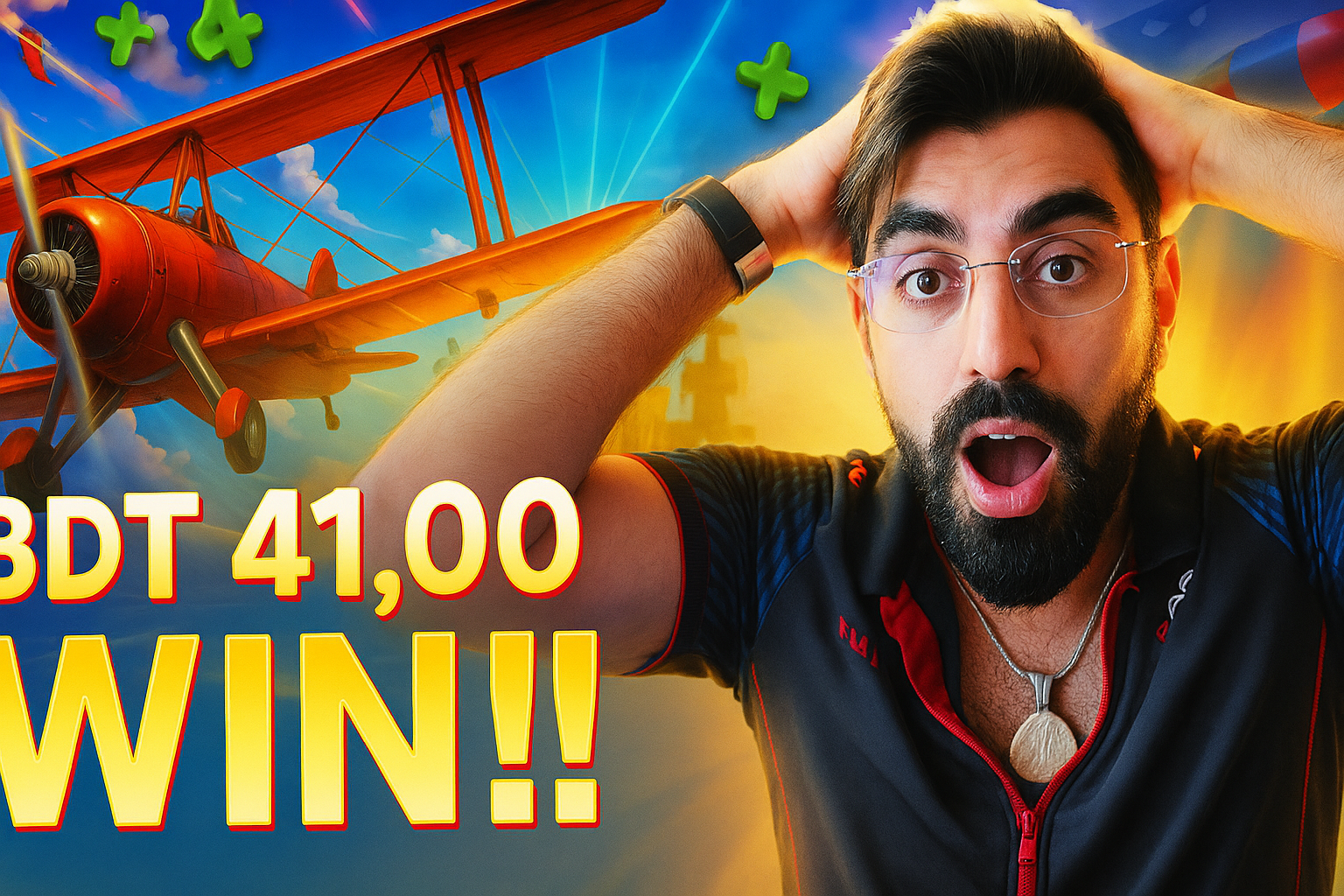Amazed man in glasses celebrating 41,00 BDT win with vintage biplane and green plus symbols