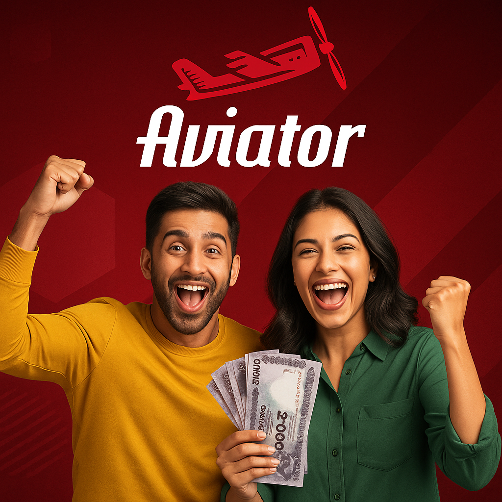 Joyful couple holding money and celebrating Aviator game win with red airplane logo above