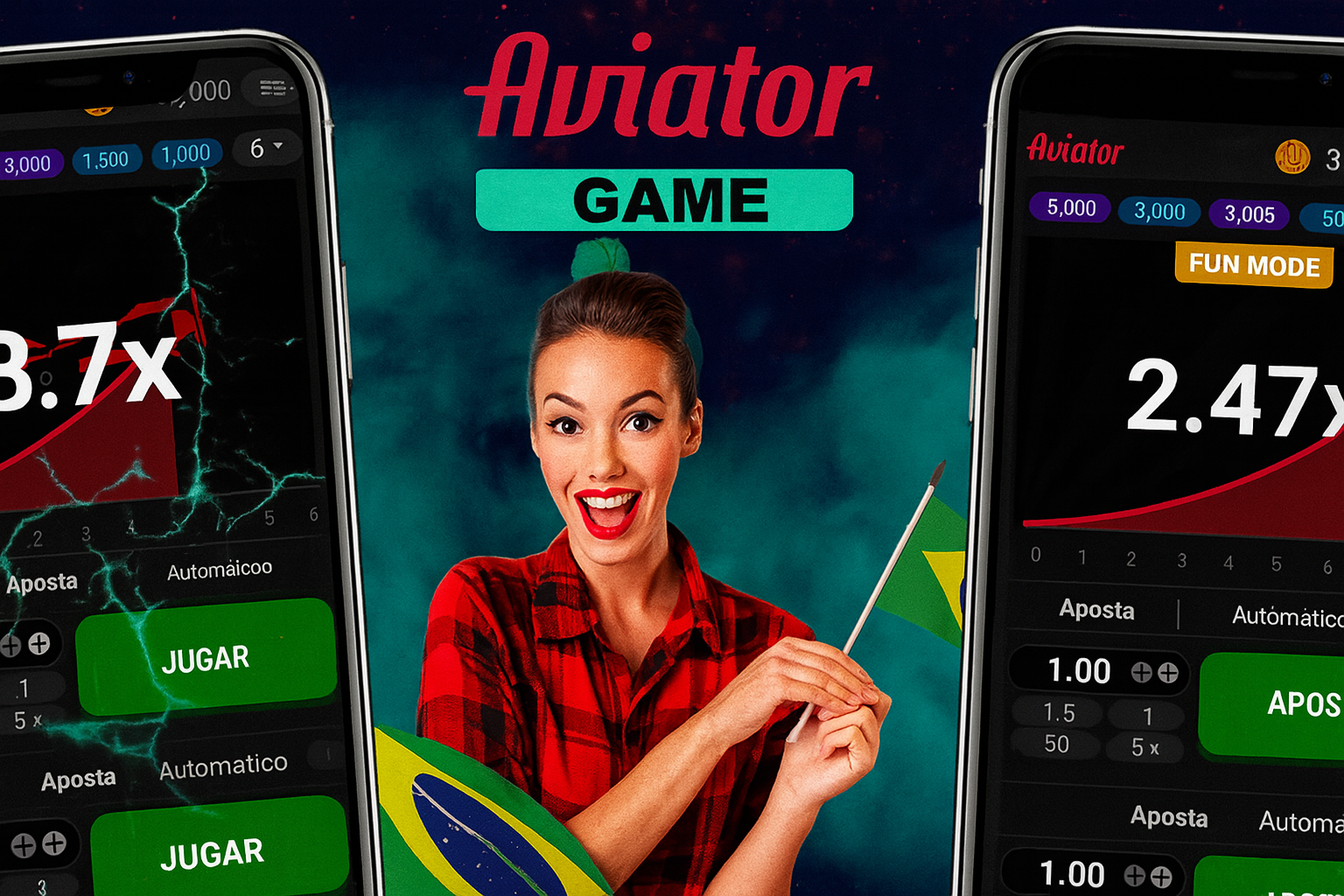 Smiling woman in red shirt holding Brazil flag with Aviator game mobile interfaces showing multipliers