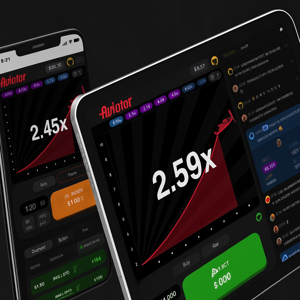 Close-up of Aviator game on mobile phone and tablet showing 2.45x and 2.59x multipliers